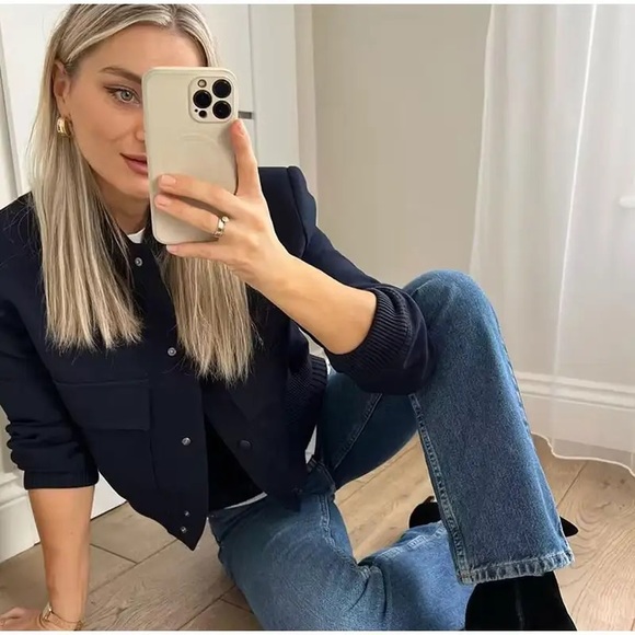 79. influencer blue Bomber Jacket Cropped Fitted Coat button down with pockets - Picture 4 of 8